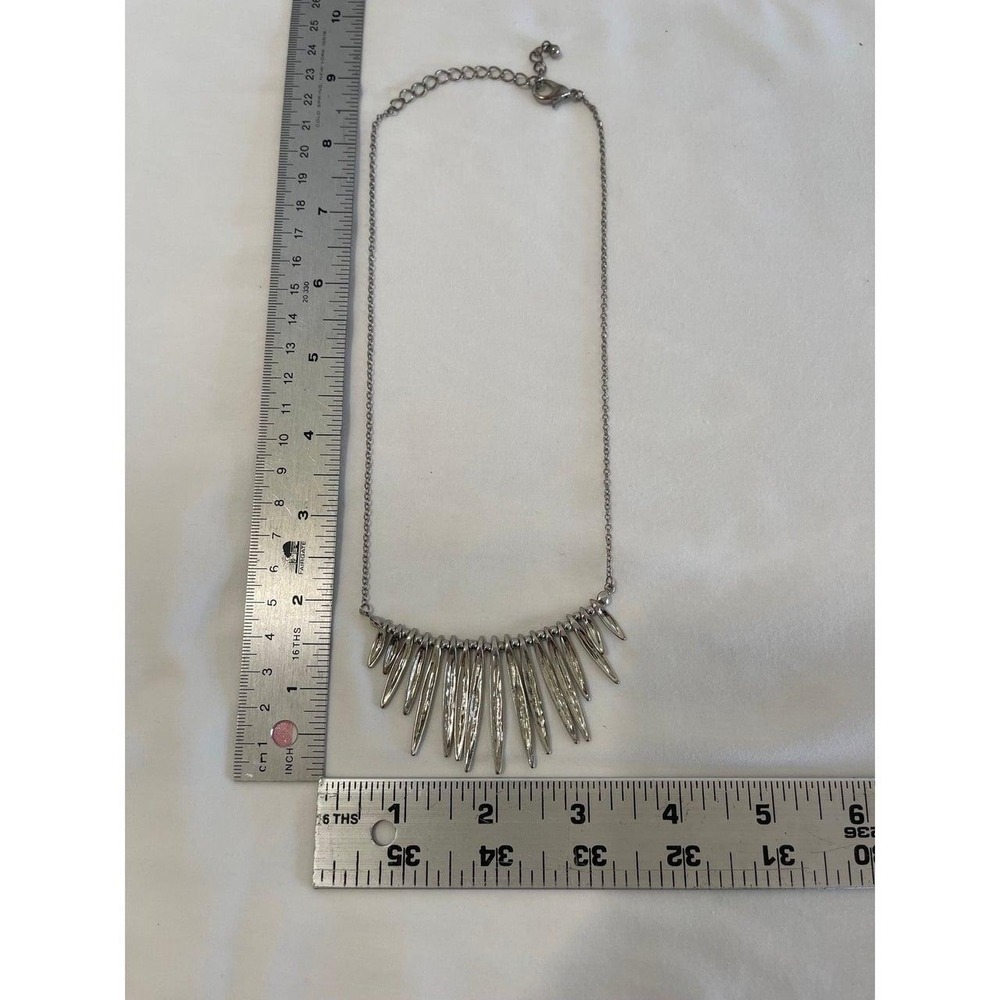 Silver Tone Spike Bib Statement Necklace Edgy Punk Fringe Textured Metallic - Picture 4 of 4
